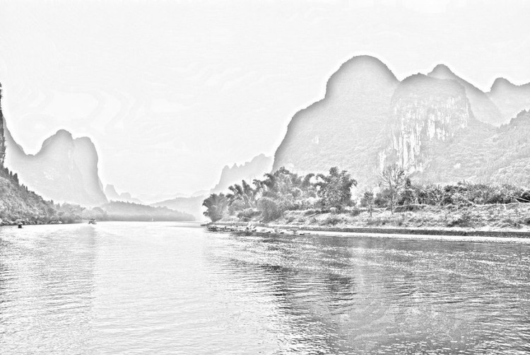 素描桂林山水风景作品