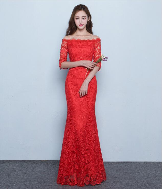 夏季性感鱼尾长款红色结婚中式礼服