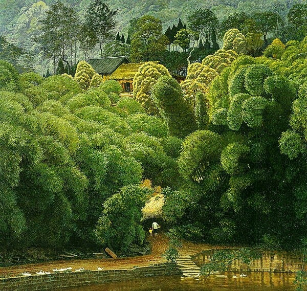 中国风山水村庄油画插画