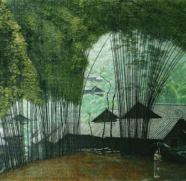 中国风山水村庄油画插画