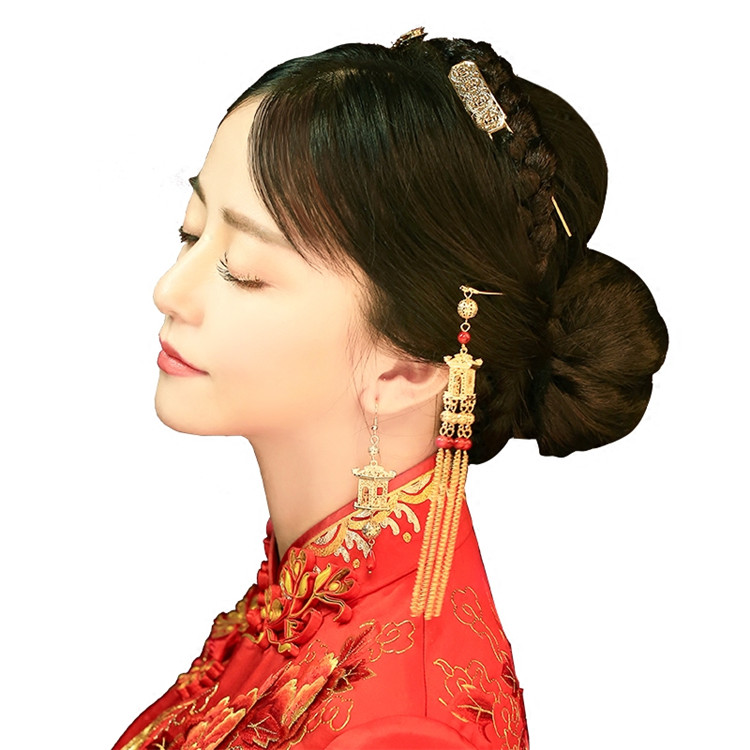 新娘中式金色流苏发饰，古装发梳步摇