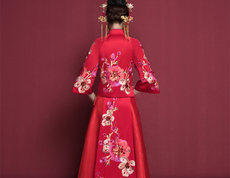 花开富贵中式新娘礼服，苏绣桃花中袖敬酒服