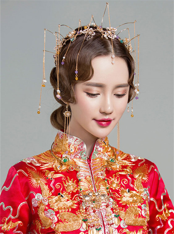 中式古典纯手工发饰，婚礼头饰蝴蝶彩珠