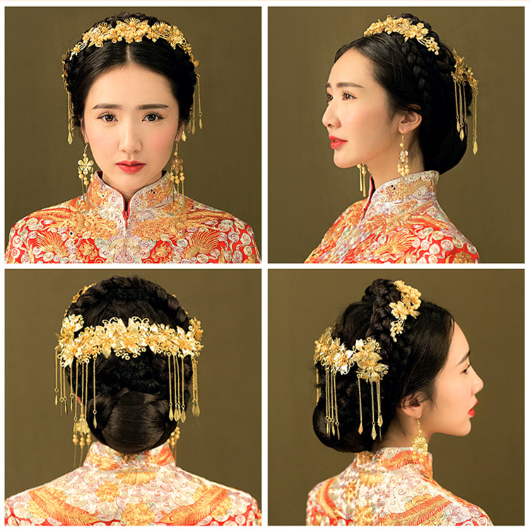 中式新娘步摇头饰，金色古装发饰套装