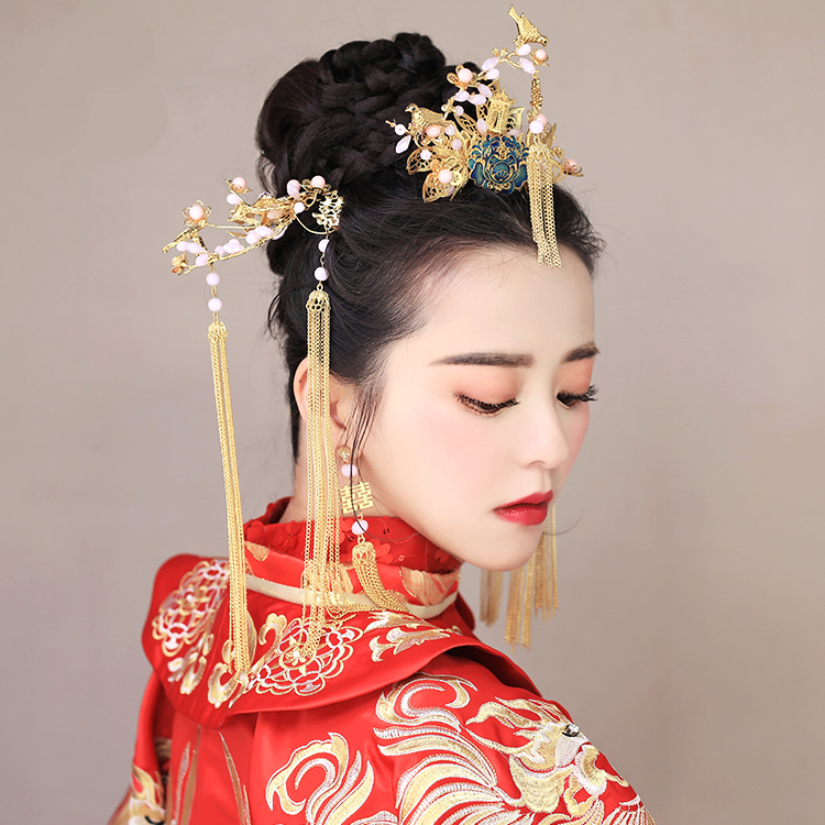 纯手工精致金色流苏发簪，新娘古风头饰