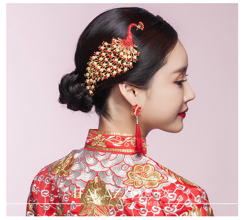 金色中式新娘凤凰头饰，盘发插梳敬酒服发饰