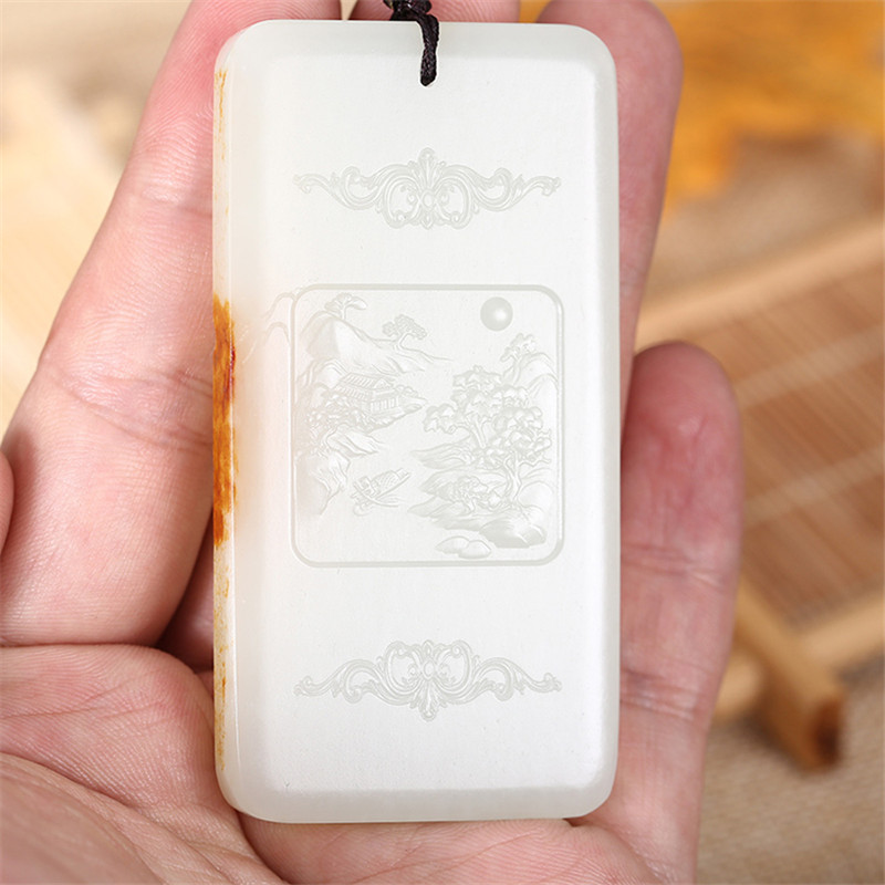 和田玉山水悠然自在挂件，白玉项链玉石。