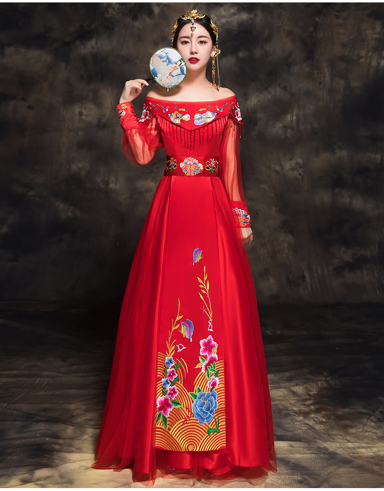 时尚中国风新娘礼服，一字肩中式结婚礼服