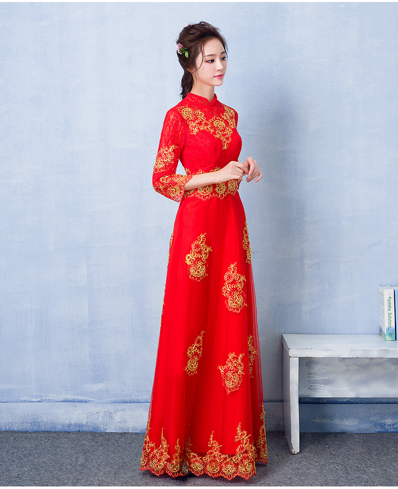 中国风蕾丝刺绣中式礼服，红色复古新娘晚礼服