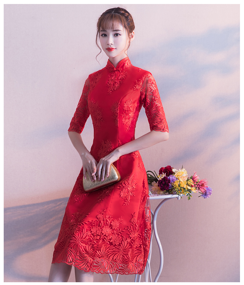 中袖立领中式礼服，复古中国风红色晚礼服