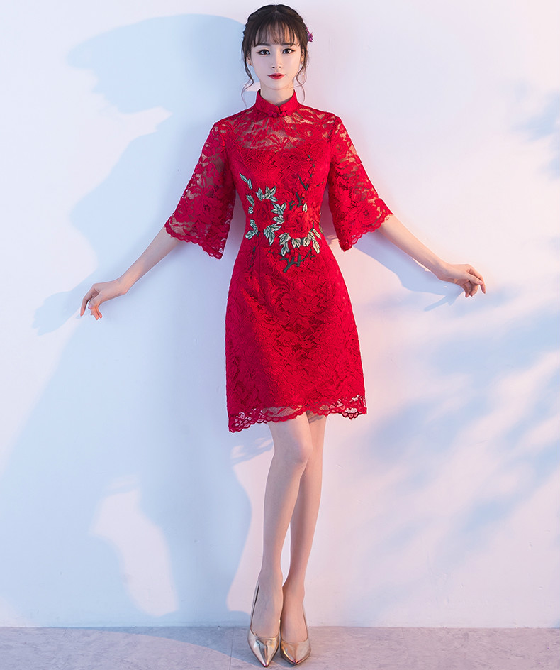复古蕾丝敬酒服，红色花朵中式礼服