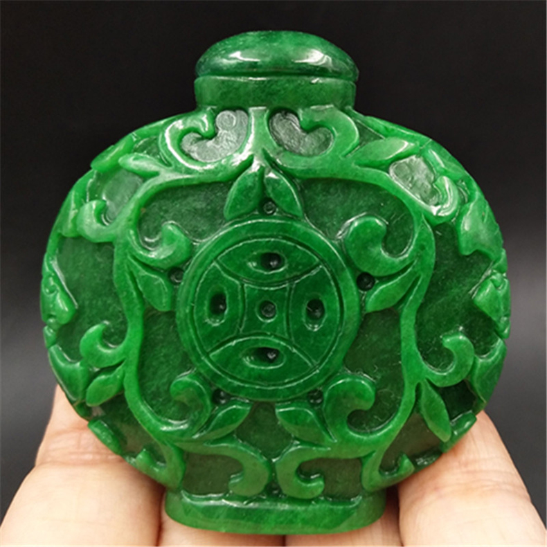 满绿翠色干青玉石双面雕刻福在眼前鼻烟壶