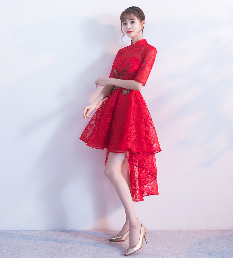 时尚蕾丝中式礼服，前长后短红色晚礼服