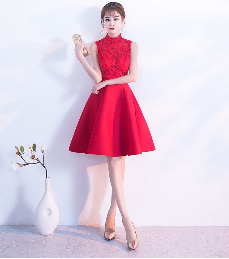 时尚无袖中式礼服，蕾丝绣花短款晚礼服