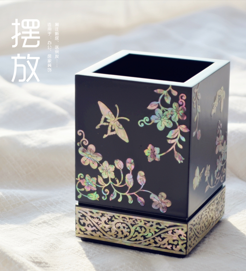 复古螺钿漆器实木质贝壳笔筒