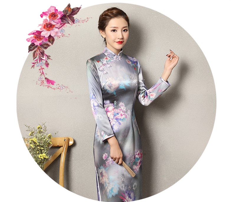 蓝色提花孔雀旗袍，复古花域旗袍裙