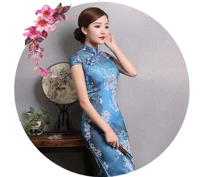 典雅蓝色印花旗袍，时尚短袖旗袍裙