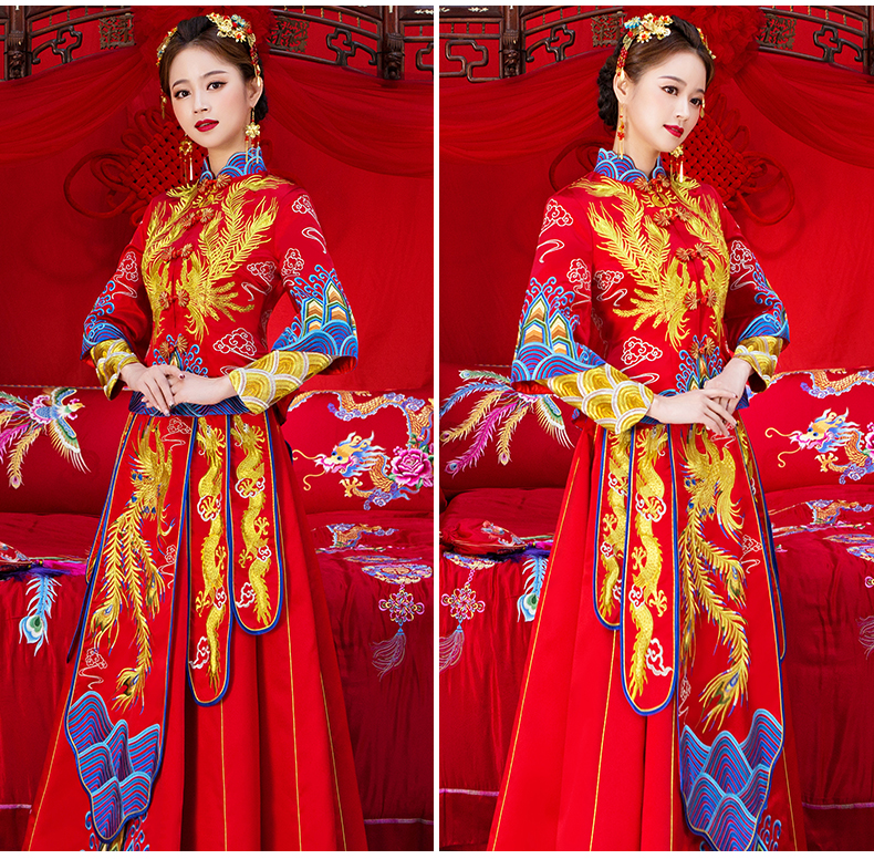 奢华凤凰中式礼服，唯美五彩刺绣新娘礼服