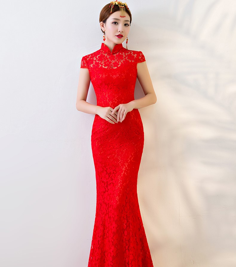 性感蕾丝鱼尾中式礼服，华丽复古晚礼服