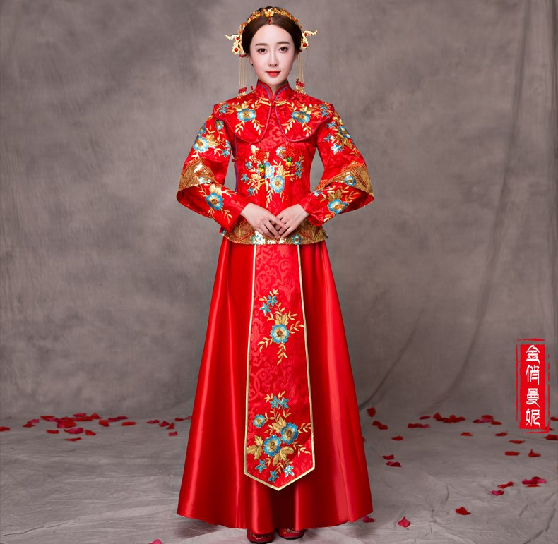 华丽兰花刺绣新娘礼服，中国风中式礼服