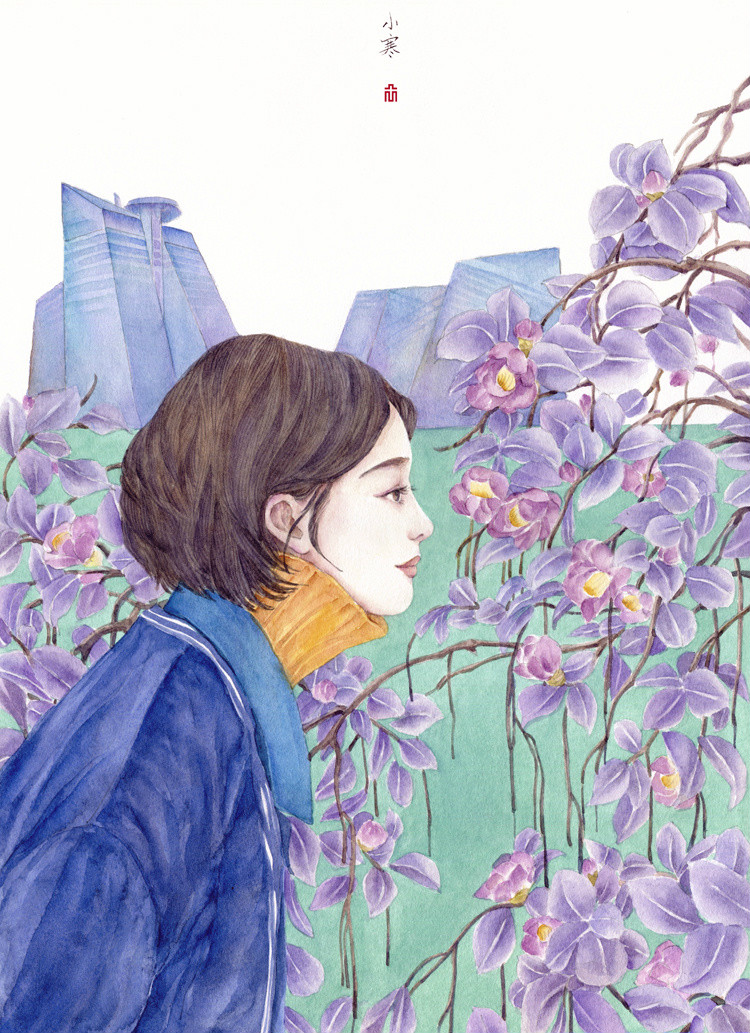 24节气水彩手绘插画，清新淡雅唯美女子插画