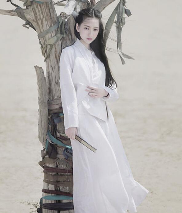 两款复古亚麻民国风汉服，白色简约中式汉服