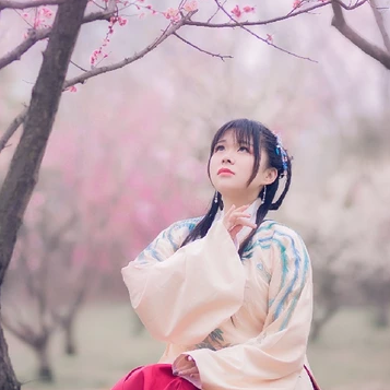 漫天桃花带折扇女生头像，唯美古风真人头像