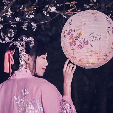 夜晚粉樱带灯女生头像，唯美古风真人头像