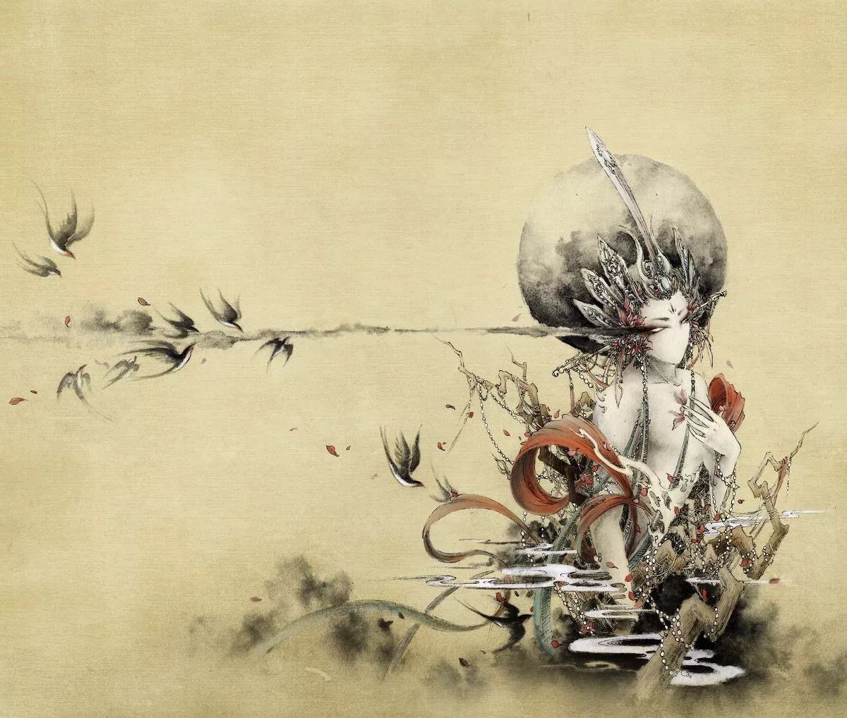古典唯美插画：杉泽的中国风水墨百鬼图插画