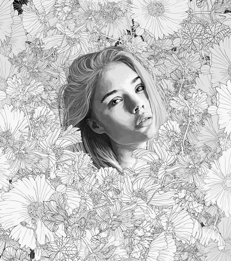 美人与花插画：用线条淋漓尽致展现女性魅力！