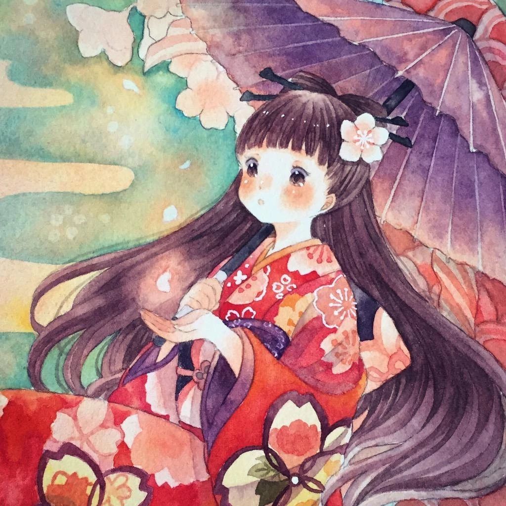 一组少女风的日系水彩插画：清新唯美萌妹纸