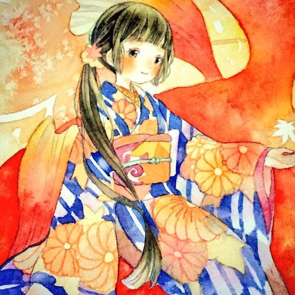 一组少女风的日系水彩插画：清新唯美萌妹纸