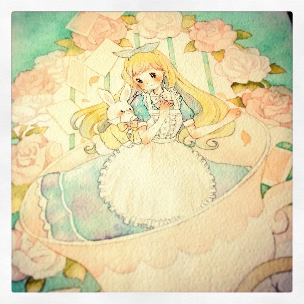 一组少女风的日系水彩插画：清新唯美萌妹纸