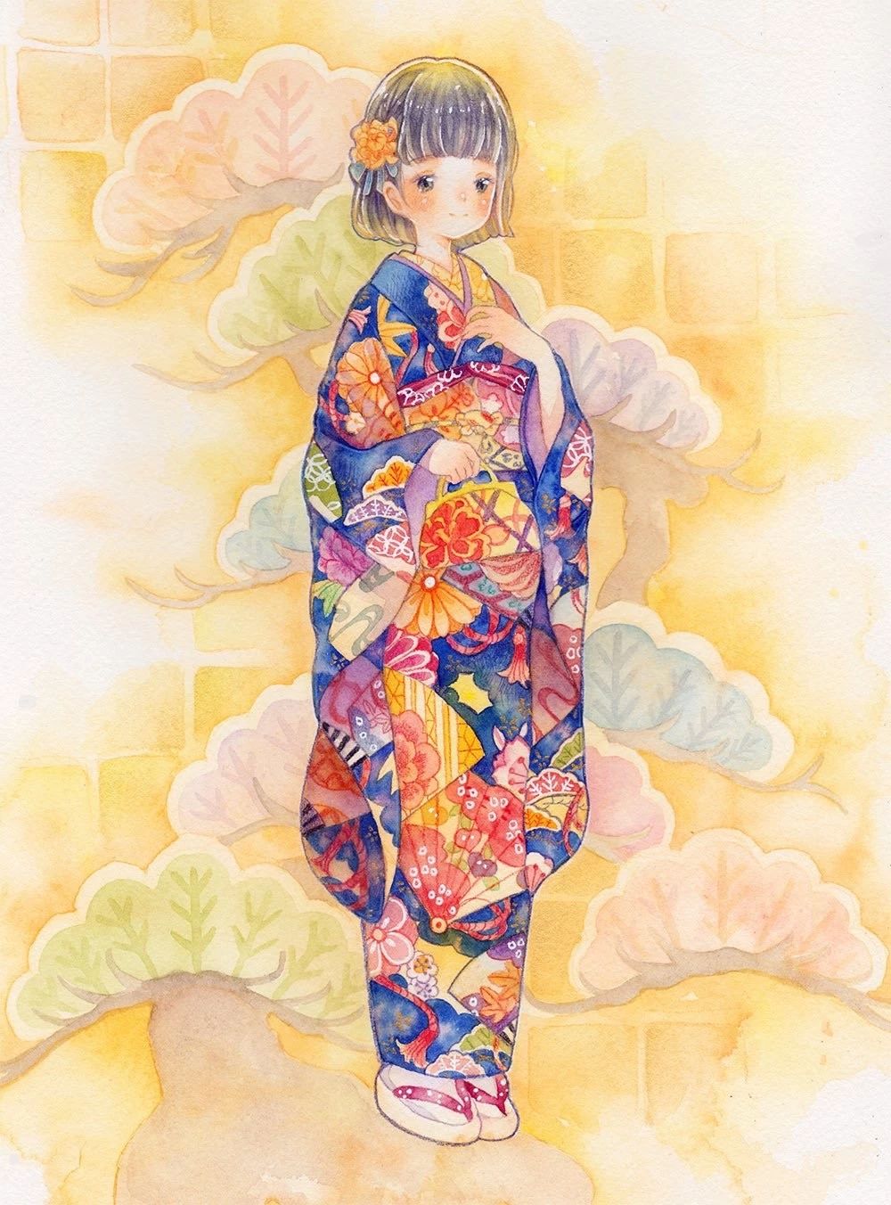 一组少女风的日系水彩插画：清新唯美萌妹纸