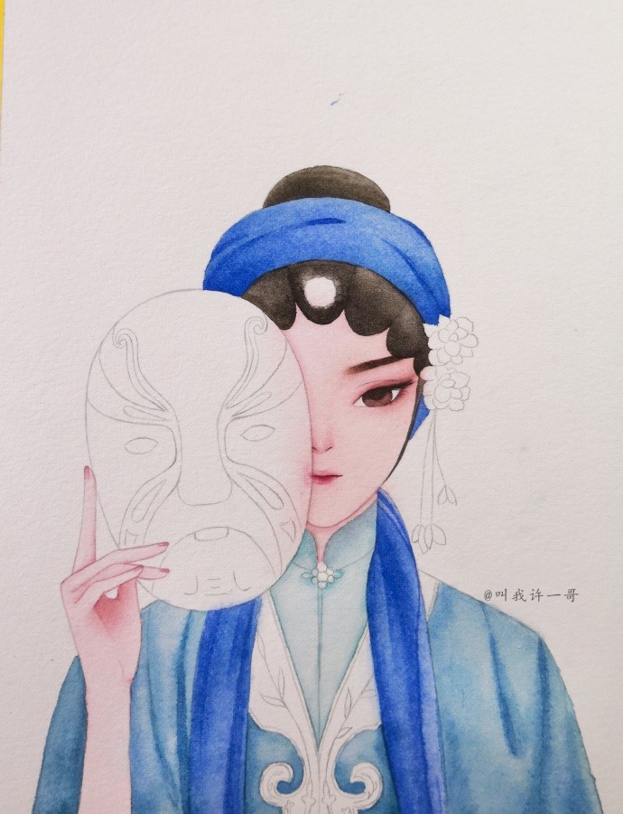一组京剧花旦手绘水彩步骤图