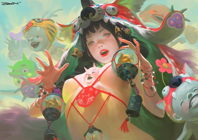 混合亚洲志怪和奇幻文化的超现实数字绘画