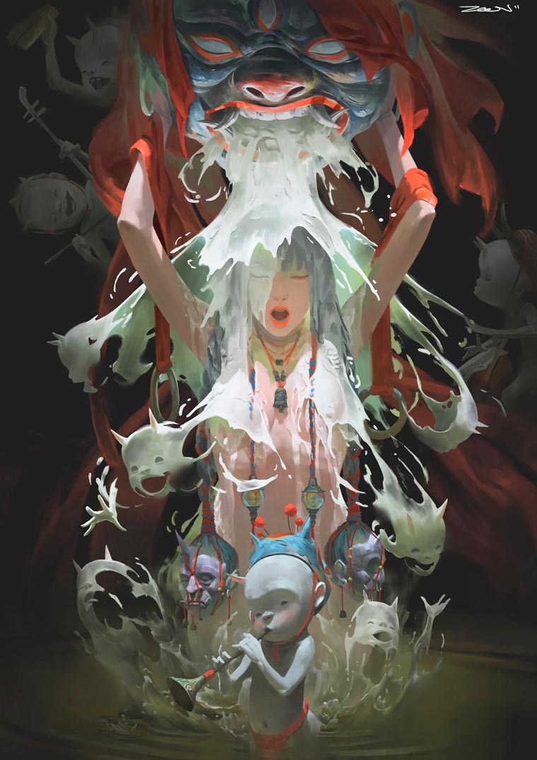 混合亚洲志怪和奇幻文化的超现实数字绘画