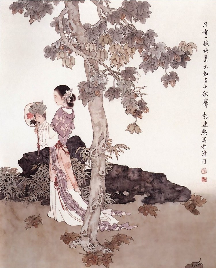 国画名作：《秋叶女儿情》
