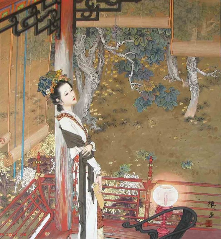 国画名作：《秋叶女儿情》