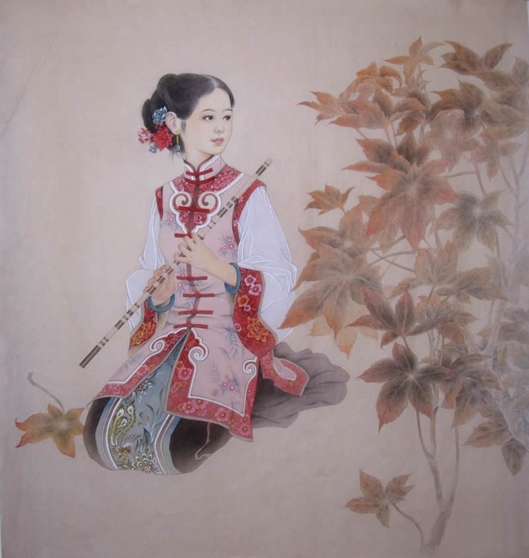 国画名作：《秋叶女儿情》