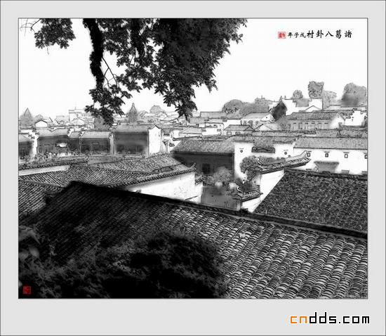 水墨画诸葛八卦村