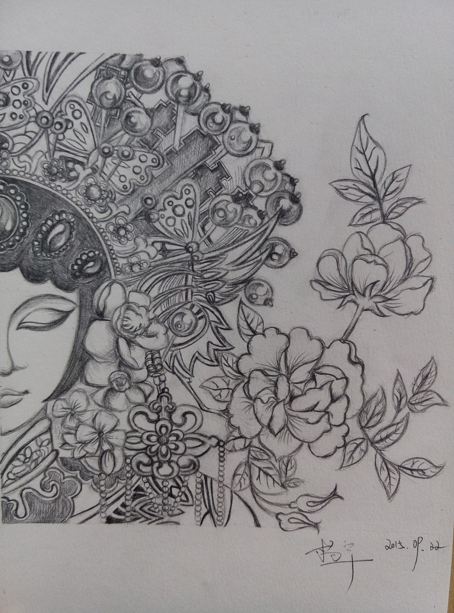 中国风素描花与美女