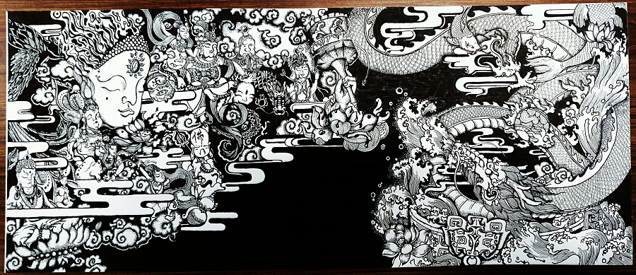 查看《降龙——黑白插画  中国风  龙》原图，原图尺寸：2160x934