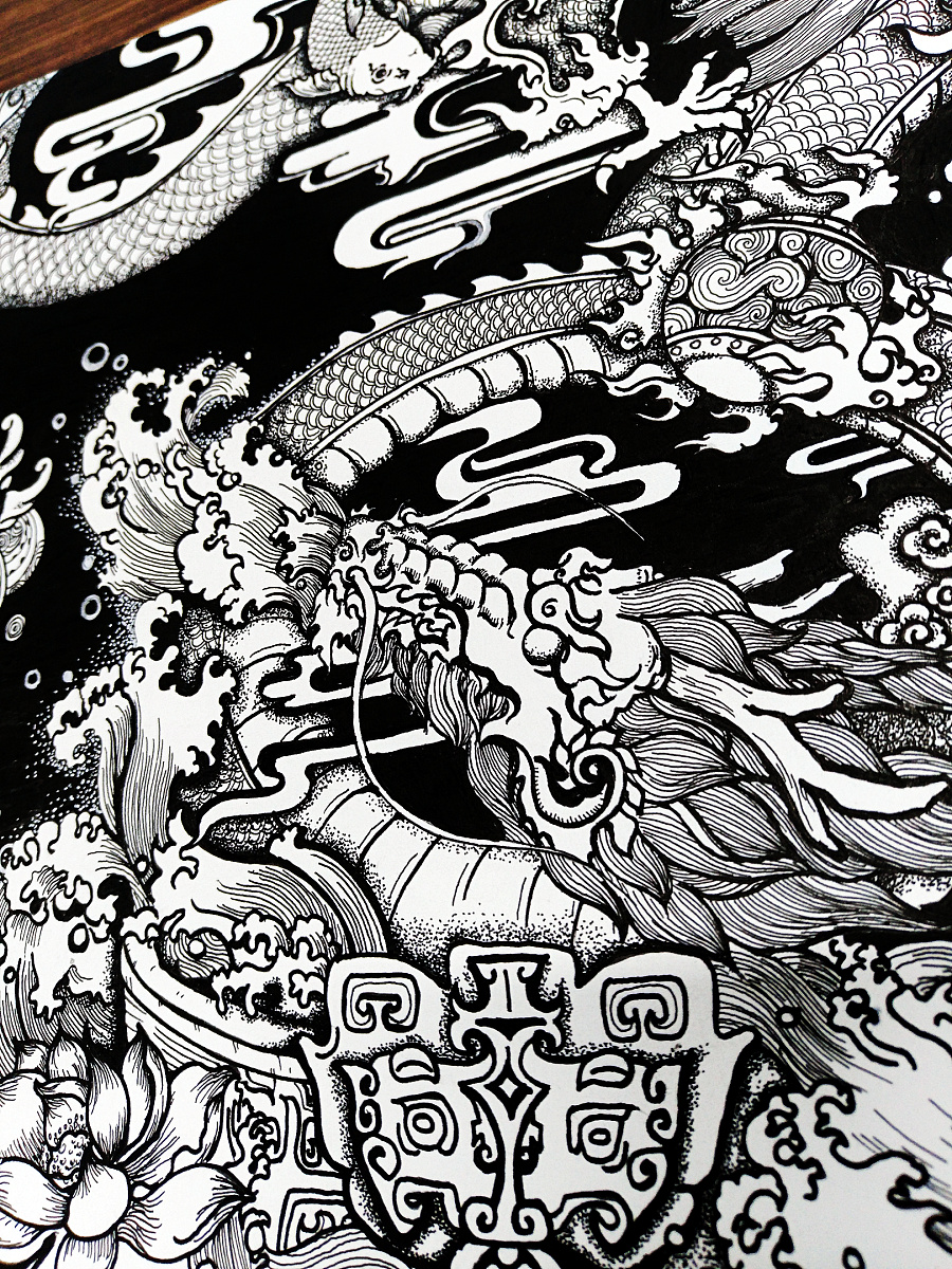 查看《降龙——黑白插画  中国风  龙》原图，原图尺寸：1620x2160