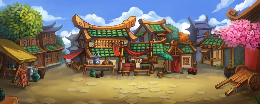 查看《中国风的丛林和集市 场景原画》原图，原图尺寸：1160x464