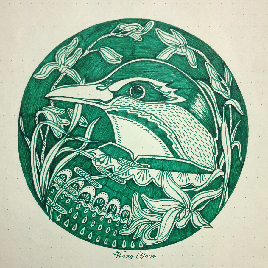 一只绿绿的插画花鸟