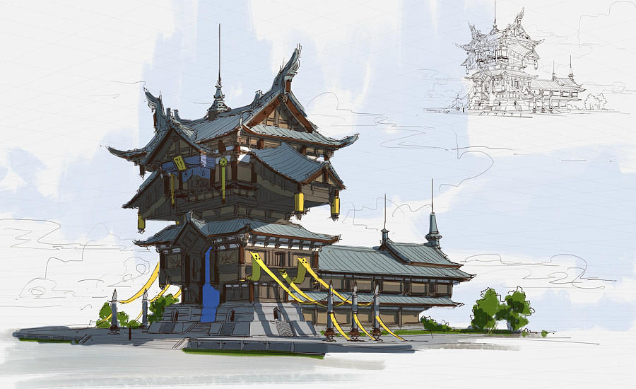 查看《洛克猴杜震课堂范画中国风建筑设计步骤图》原图，原图尺寸：1500x917
