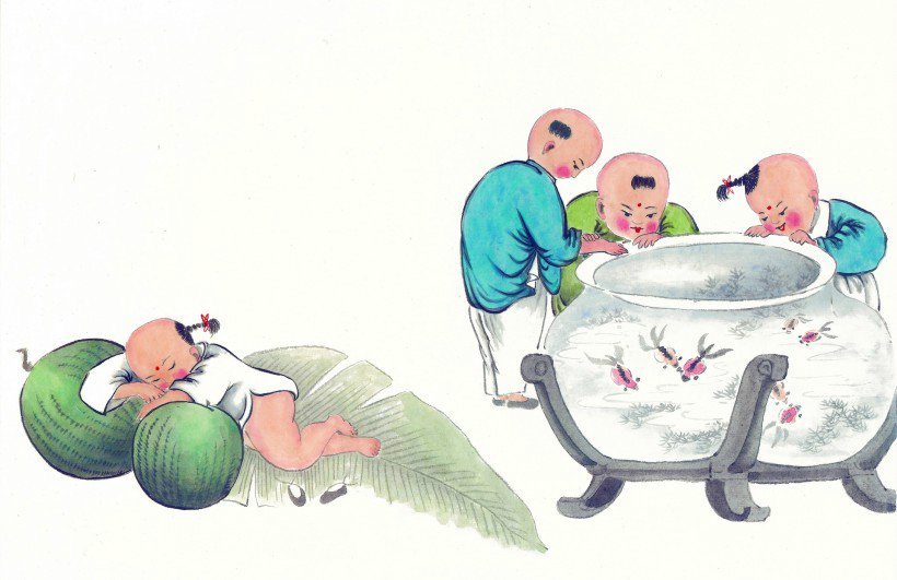 线描古代儿童玩耍图（二）