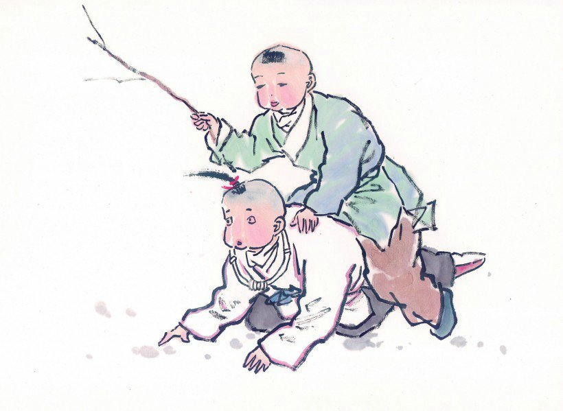 线描古代儿童玩耍图（一）