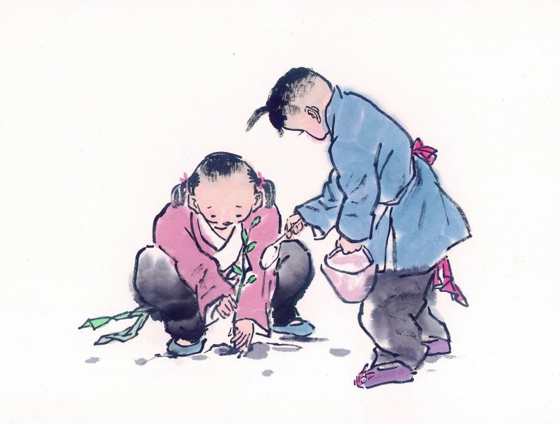 线描古代儿童玩耍图（一）